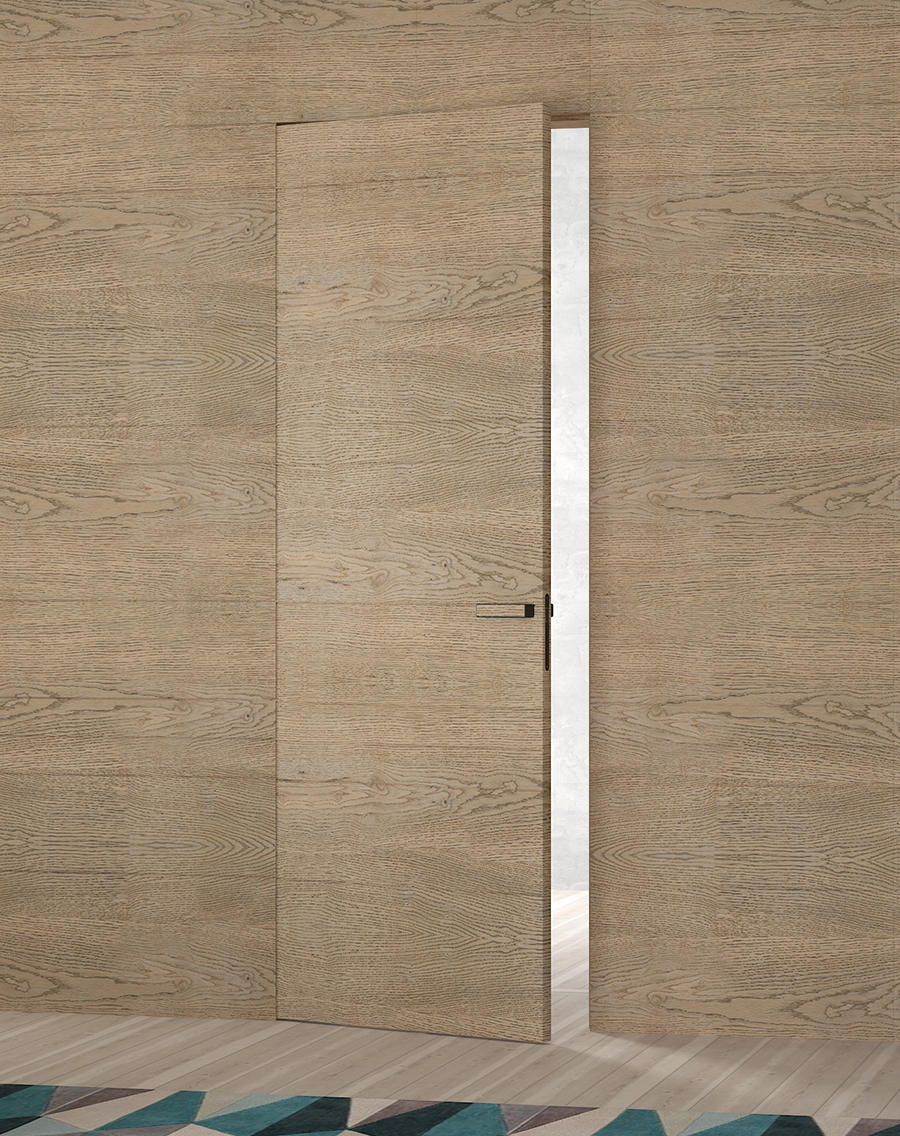 Interiérové dvere Flat - bez zárubňové dvere v drevenom prevedení na drevenej stene rovnakého vzoru